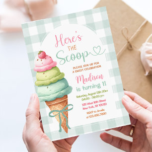 Here's The Scoop Ice Cream Bow 1st Birthday Invitation