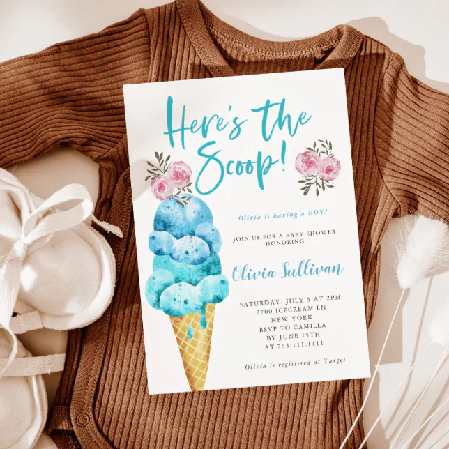 Heres The Scoop Ice Cream Boy Baby Shower Invitation Zazzle