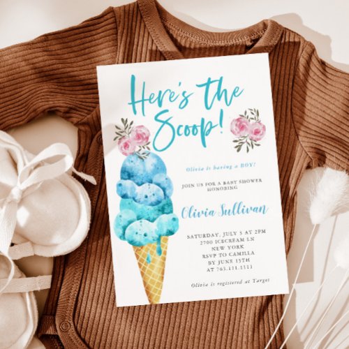 Heres the Scoop Ice Cream Boy Baby Shower Invitation