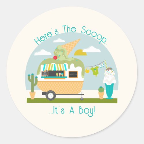 Heres The Scoop Ice Cream Camper Boy Baby Shower Classic Round Sticker