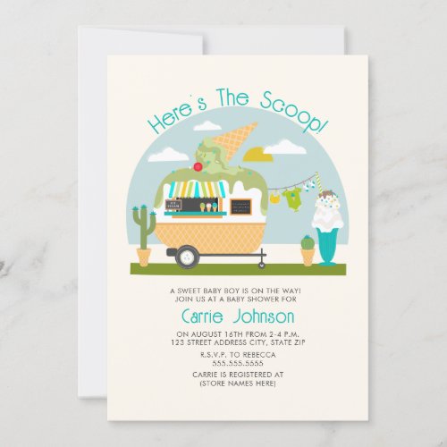 Heres The Scoop Ice Cream Camper Boy Baby Shower Invitation