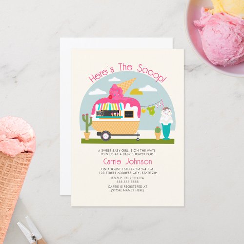 Heres The Scoop Ice Cream Camper Girl Baby Shower Invitation