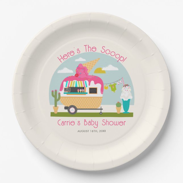 Here's The Scoop Ice Cream Camper Girl Baby Shower Paper Plates (Front)