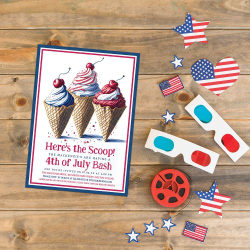 Heres the Scoop Ice Cream Cone 4th of July Party Invitation