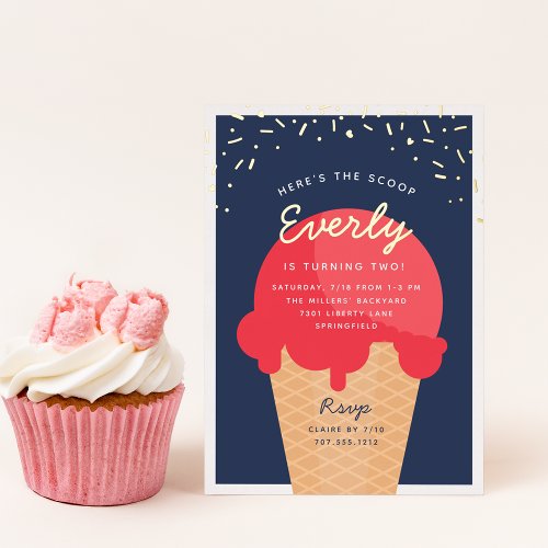 Heres The Scoop Ice Cream Cone Kid Birthday Party Foil Invitation