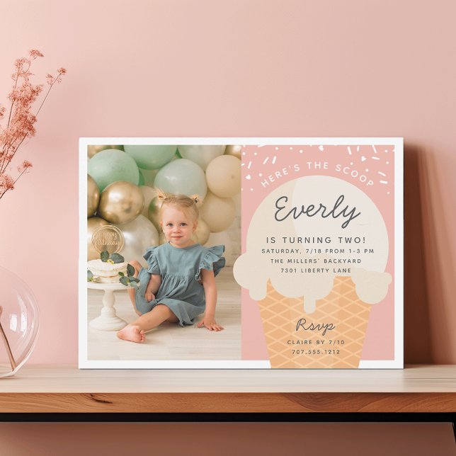 Here's The Scoop Ice Cream Cone Kid Birthday Photo Invitation (Creator Uploaded)