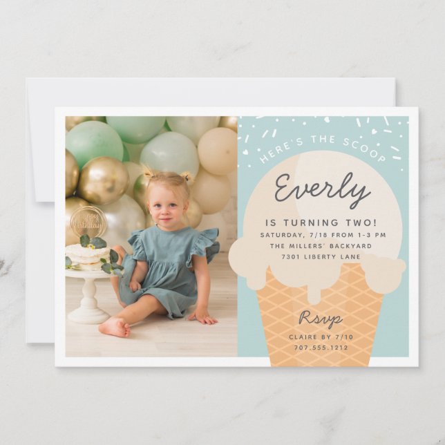 Here's The Scoop Ice Cream Cone Kid Birthday Photo Invitation (Front)