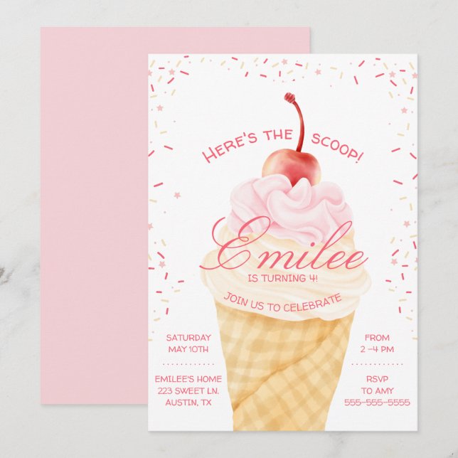 Here's the Scoop Ice Cream cone summer Birthday  Invitation (Front/Back)