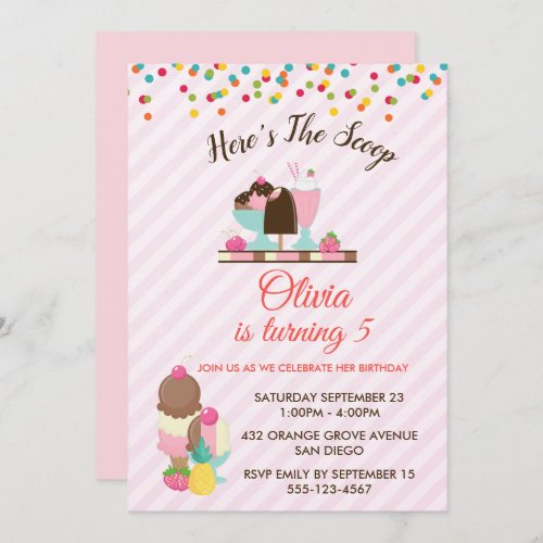 Heres The Scoop Ice Cream  Confetti Birthday Invitation