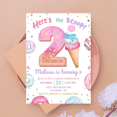 Heres the Scoop Ice Cream Donut 2nd Birthday Invitation