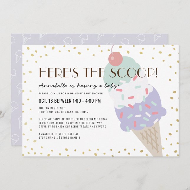Here's the Scoop Ice Cream drive-by Baby Shower Invitation (Front/Back)