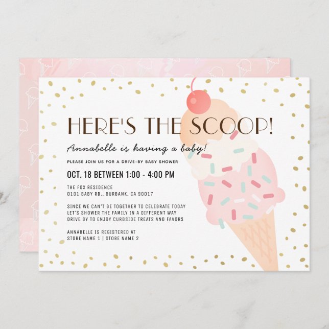 Here's the Scoop Ice Cream drive-by Baby Shower Invitation (Front/Back)