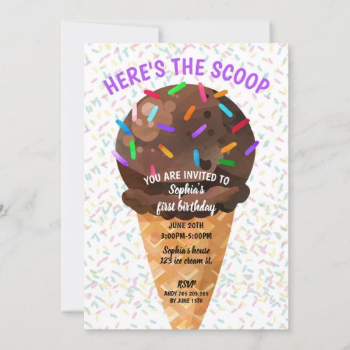 Heres the Scoop Ice Cream Girl Birthday Invitation