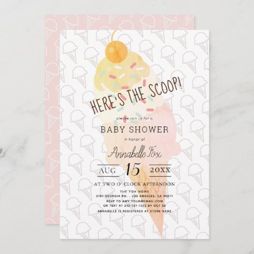 Heres the Scoop Ice Cream Girl Pink Baby Shower Invitation