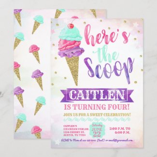 Here's The Scoop Ice Cream Gold Glitter Birthday Invitation