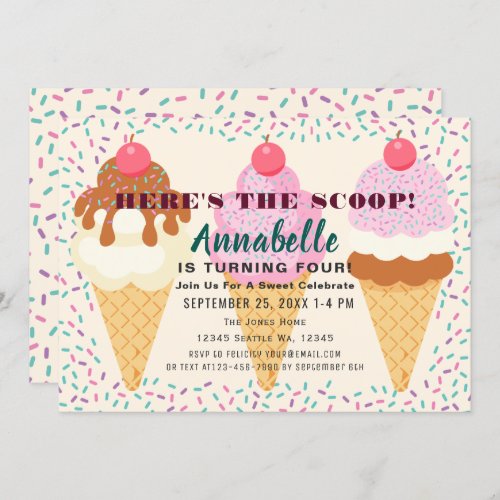 Heres the Scoop Ice Cream Kids Birthday Party Inv Invitation