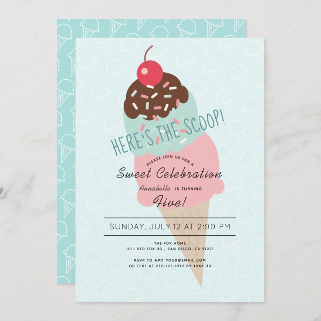 Here's the Scoop Ice Cream Mint Green Birthday Invitation (Front/Back)