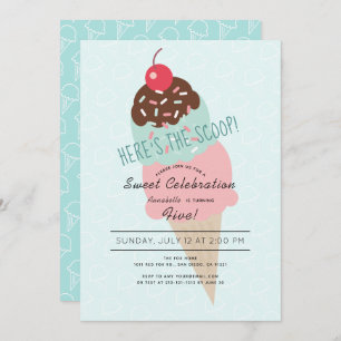 Here's the Scoop Ice Cream Mint Green Birthday Invitation