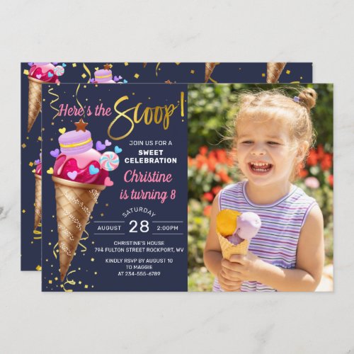 Heres The Scoop Ice Cream Party Navy Blue Photo Invitation