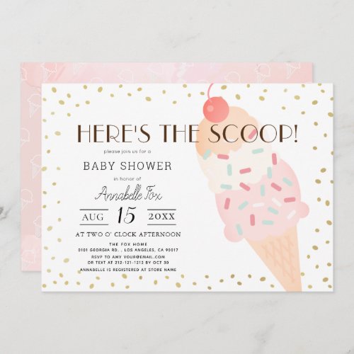 Heres the Scoop Ice Cream Pink Girl Baby Shower Invitation