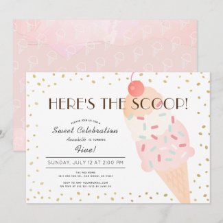 Here's the Scoop Ice Cream Pink Gold Girl Birthday Invitation
