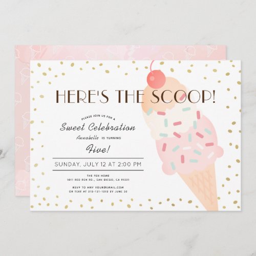 Heres the Scoop Ice Cream Pink Gold Girl Birthday Invitation