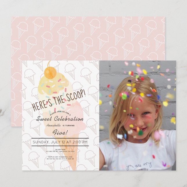 Here's the Scoop Ice Cream Pink Photo Birthday Invitation (Front/Back)
