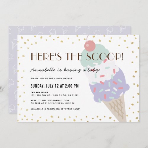 Heres the Scoop Ice Cream Purple Baby Shower Invitation