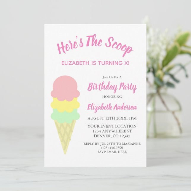 Here's The Scoop Ice Cream Summer Birthday Invitation (Standing Front)