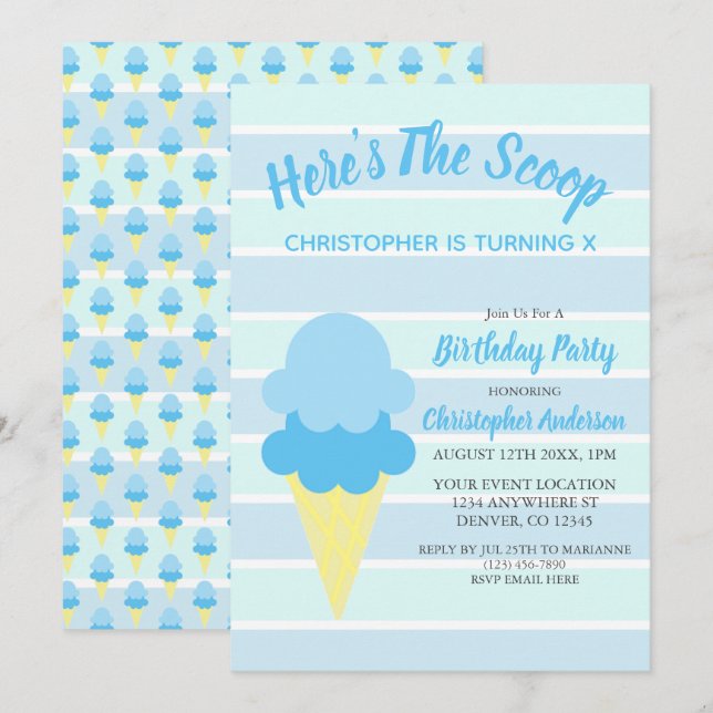 Here's The Scoop Ice Cream Summer Birthday Invitation (Front/Back)
