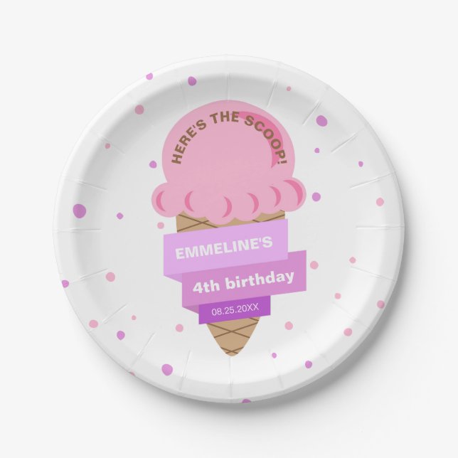 Here's The Scoop Ice Cream Sweet Pink Birthday Paper Plates (Front)