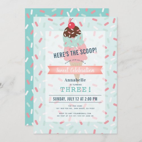 Heres the Scoop Mint Green Ice Cream Birthday Invitation