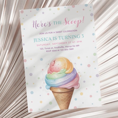 Heres the Scoop Pastel color Ice Cream Birthday Invitation