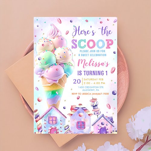 Heres the Scoop Pastel Pink Ice Cream Birthday Invitation
