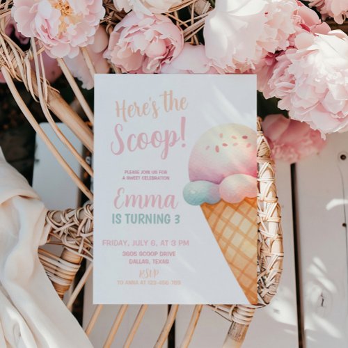 Heres the Scoop Pastel Pink Ice Cream Birthday Invitation