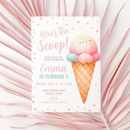 Heres the Scoop Pastel Pink Ice Cream Birthday Invitation