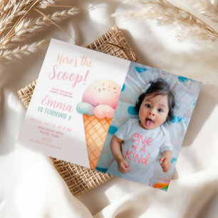 Here's the Scoop Pastel Pink Ice Cream Birthday Invitation