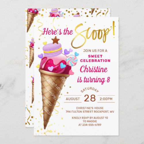 Heres The Scoop Pink Gold Ice Cream Birthday Invitation
