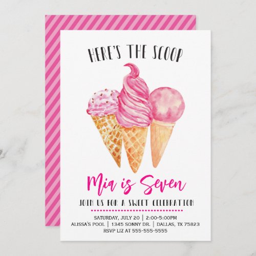 Heres the Scoop Pink Ice Cream Birthday  Invitation