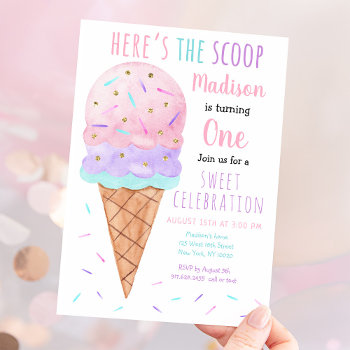 Here's The Scoop Pink Ice Cream Birthday Invitation by LittlePrintsParties at Zazzle