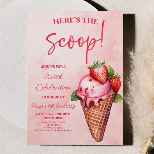 Heres The Scoop Pink Ice Cream Birthday Party Invitation