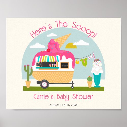 Heres The Scoop Pink Ice Cream Camper Baby Shower Poster