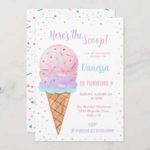 Here's the Scoop Pink Ice Cream girl Birthday Invitation