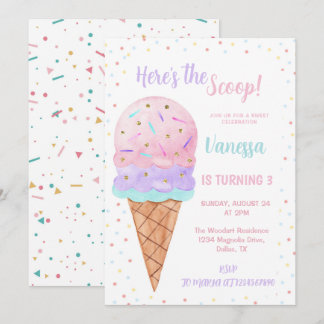 Here's the Scoop Pink Ice Cream girl Birthday Invitation