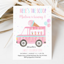 Here's The Scoop Pink Ice Cream Truck Birthday Invitation