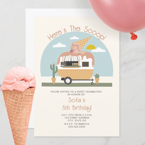 Heres The Scoop Pink Ice Cream Truck Birthday Invitation