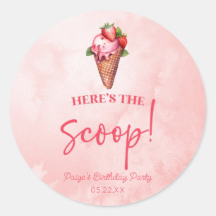Here's The Scoop Pink Red Ice Cream Birthday Party Classic Round Sticker