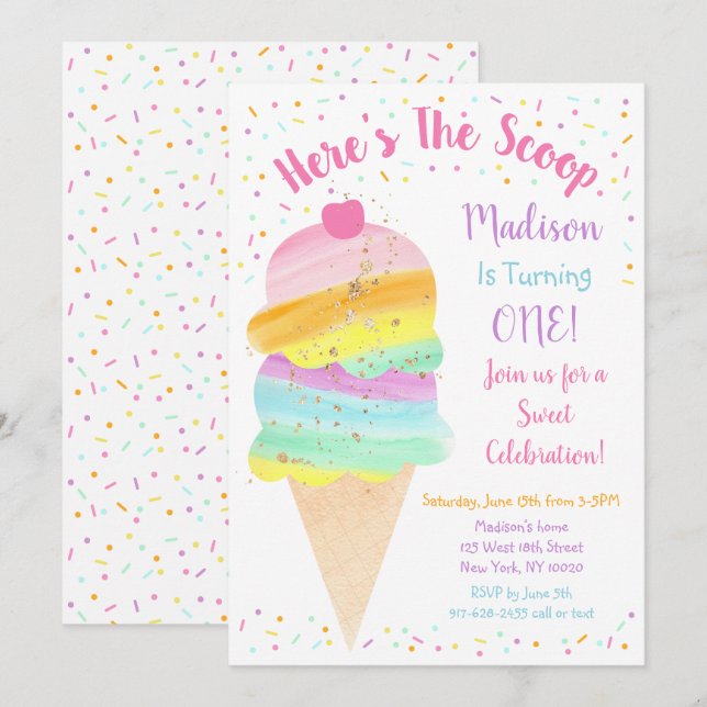 Here's The Scoop Rainbow Ice Cream Birthday Invitation (Front/Back)