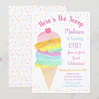 Here's The Scoop Rainbow Ice Cream Birthday Invitation
