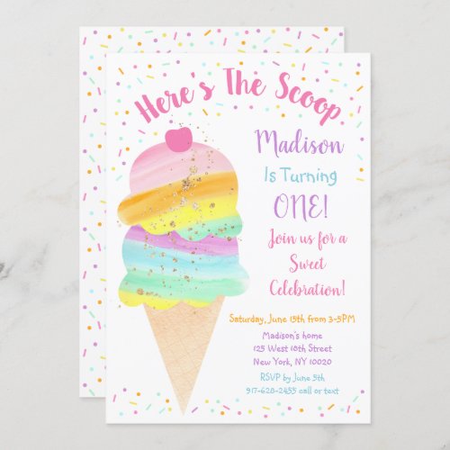 Heres The Scoop Rainbow Ice Cream Birthday Invitation